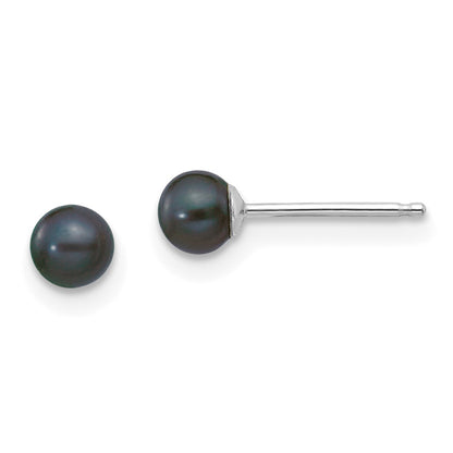 14K White Gold 3 4mm Black Round Freshwater Cultured Pearl Stud Post Earrings