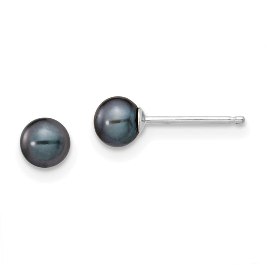 14K White Gold 4 5mm Black Round Freshwater Cultured Pearl Stud Post Earrings