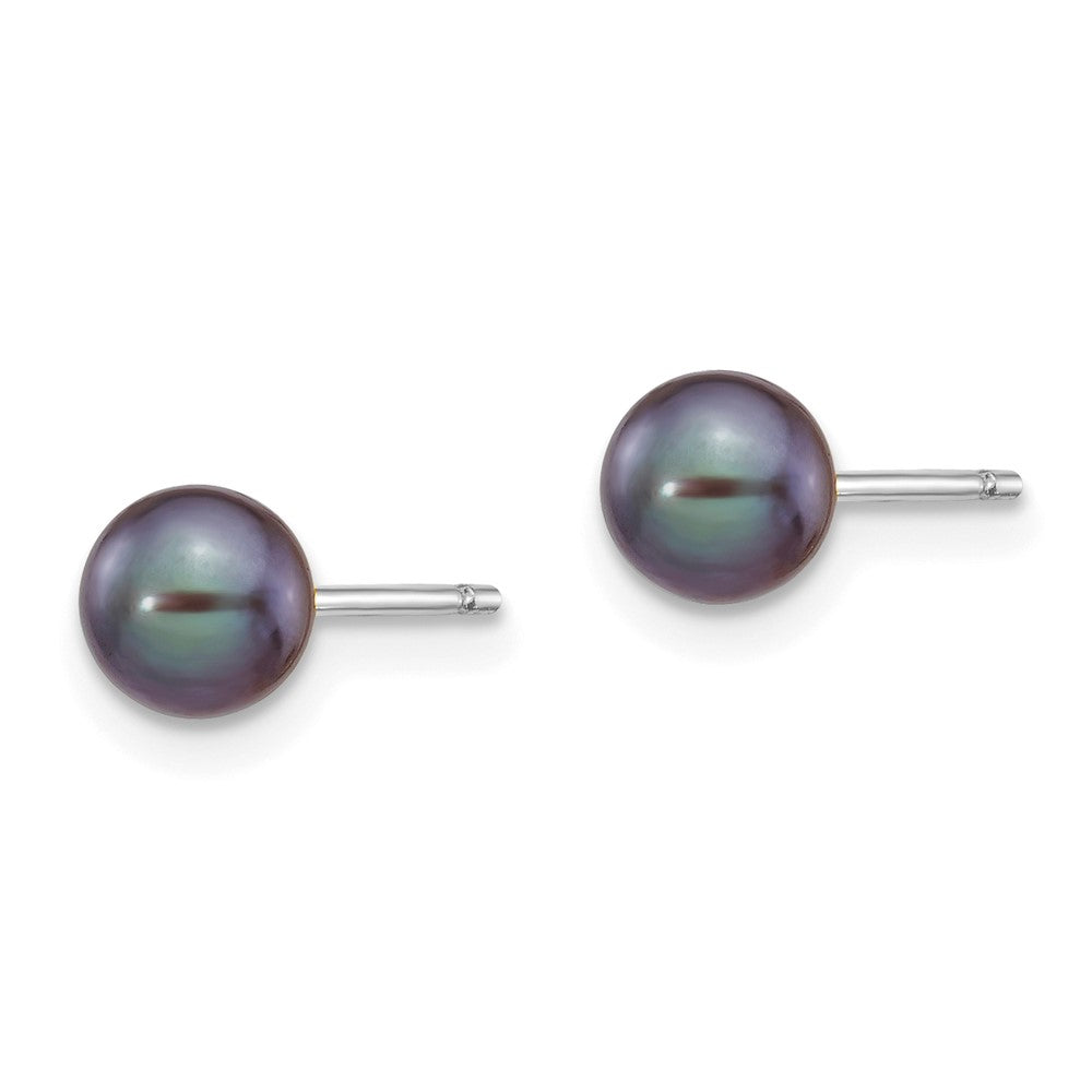 14K White Gold 5 6mm Black Round Freshwater Cultured Pearl Stud Post Earrings