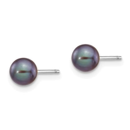 14K White Gold 5 6mm Black Round Freshwater Cultured Pearl Stud Post Earrings