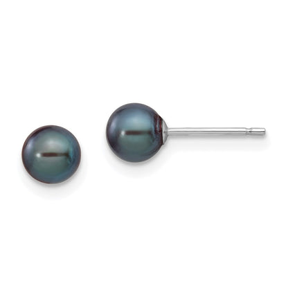 14K White Gold 5 6mm Black Round Freshwater Cultured Pearl Stud Post Earrings