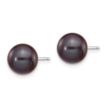 14K White Gold 8 9mm Black Round Freshwater Cultured Pearl Stud Post Earrings
