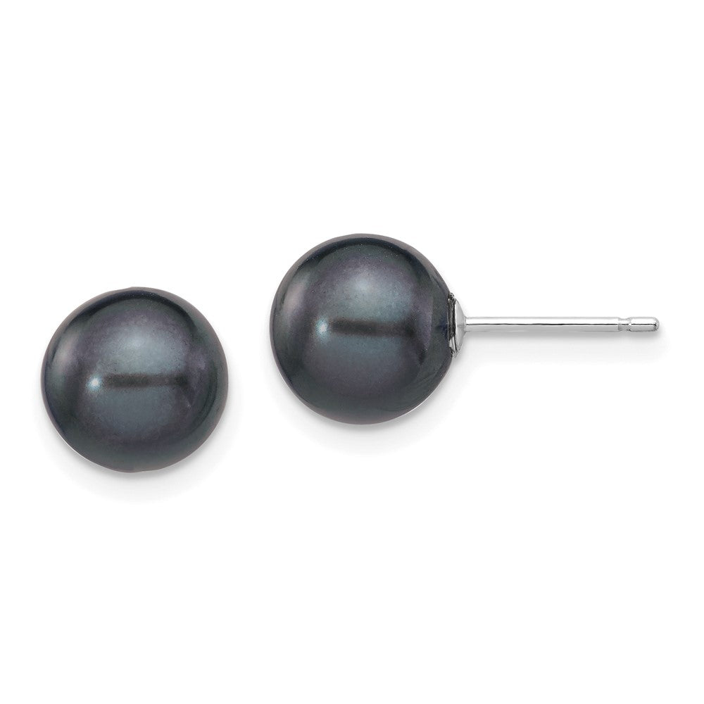 14K White Gold 8 9mm Black Round Freshwater Cultured Pearl Stud Post Earrings