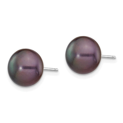 14K White Gold 9 10mm Black Button Freshwater Cultured Pearl Stud Post Earrings
