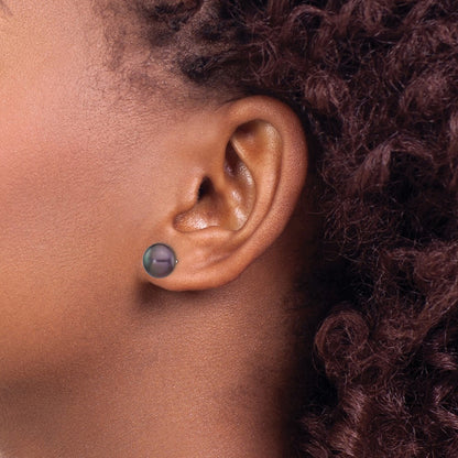 14K White Gold 9 10mm Black Button Freshwater Cultured Pearl Stud Post Earrings