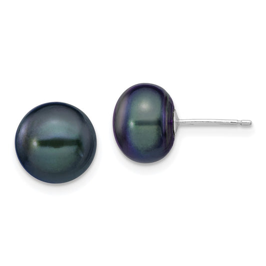14K White Gold 9 10mm Black Button Freshwater Cultured Pearl Stud Post Earrings