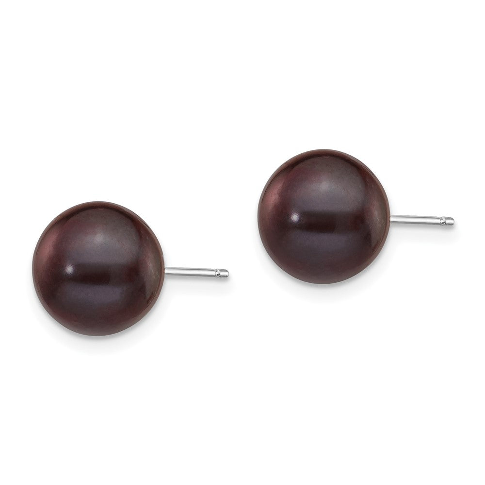 14K White Gold 9 10mm Black Round Freshwater Cultured Pearl Stud Post Earrings