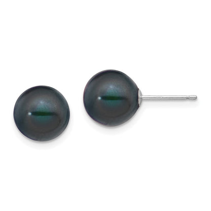 14K White Gold 9 10mm Black Round Freshwater Cultured Pearl Stud Post Earrings