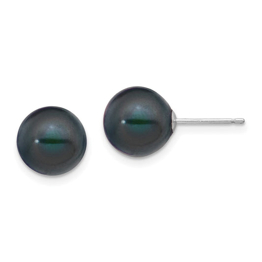 14K White Gold 9 10mm Black Round Freshwater Cultured Pearl Stud Post Earrings