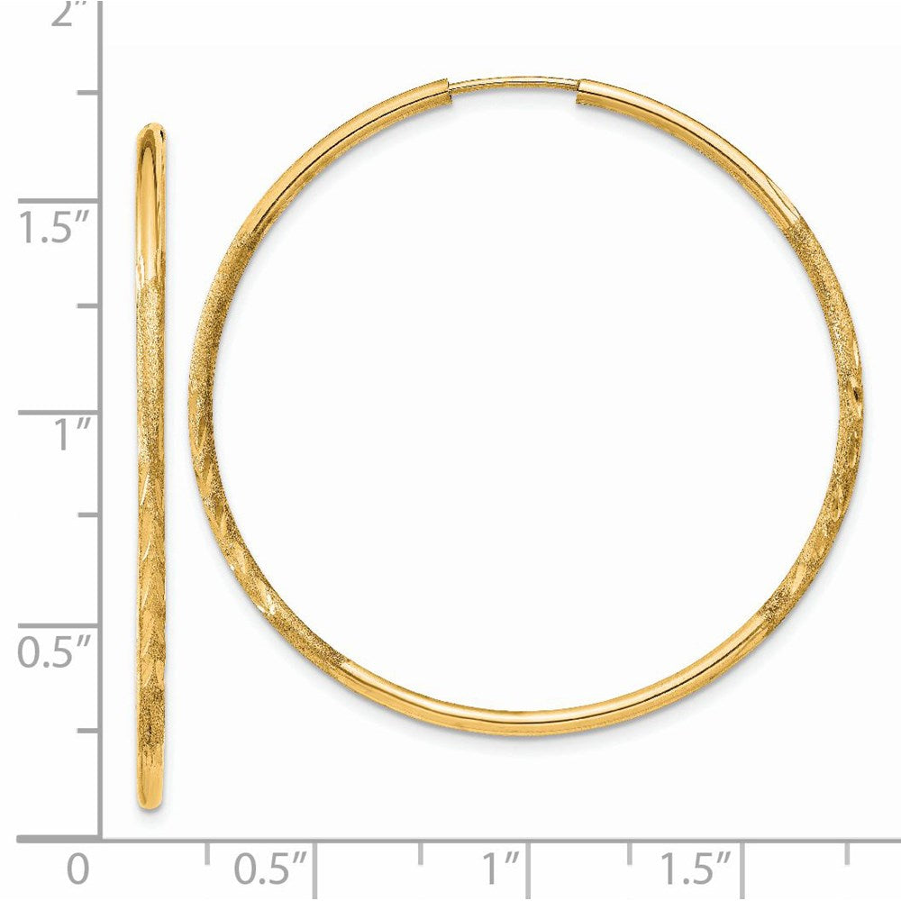 14K Yellow Gold 1.5mm Satin Diamond Cut Endless Hoop Earrings