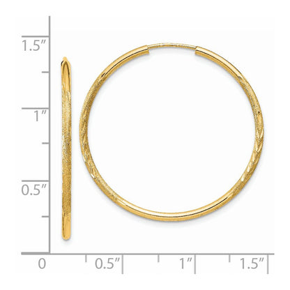 14K Yellow Gold 1.5mm Satin Diamond Cut Endless Hoop Earrings