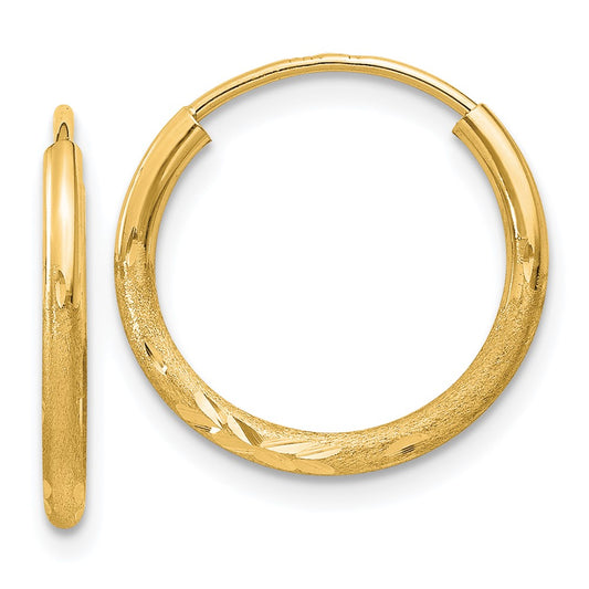 14K Yellow Gold 1.5mm Satin Diamond Cut Endless Hoop Earrings