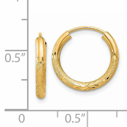 14K Yellow Gold 2mm Satin Diamond Cut Endless Hoop Earrings