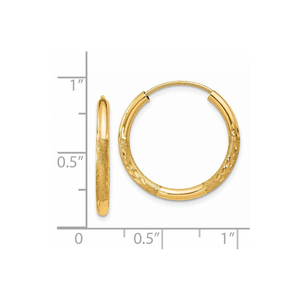 14K Yellow Gold 2mm Satin Diamond Cut Endless Hoop Earrings