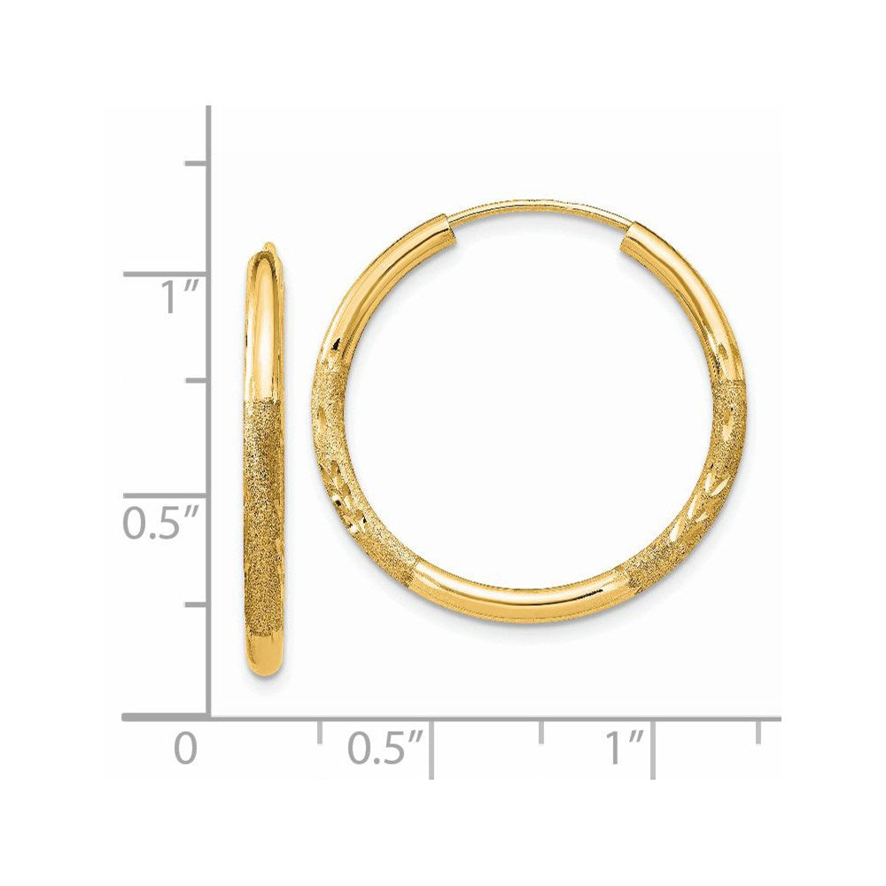 14K Yellow Gold 2mm Satin Diamond Cut Endless Hoop Earrings