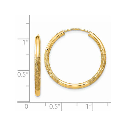 14K Yellow Gold 2mm Satin Diamond Cut Endless Hoop Earrings