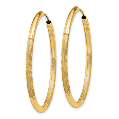 14K Yellow Gold 2mm Satin Diamond Cut Endless Hoop Earrings