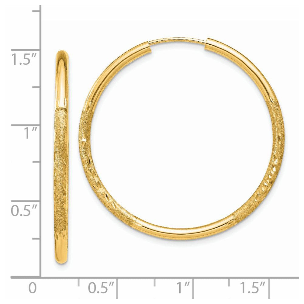 14K Yellow Gold 2mm Satin Diamond Cut Endless Hoop Earrings