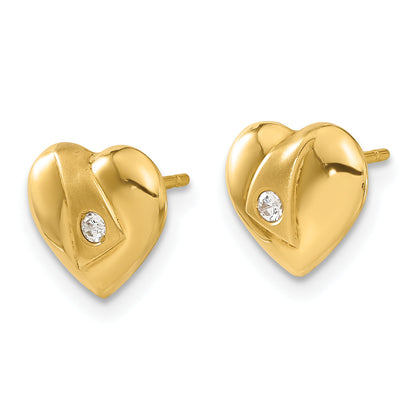 14K Yellow Gold 14Ky Polished & Satin Cz Heart Post Earrings
