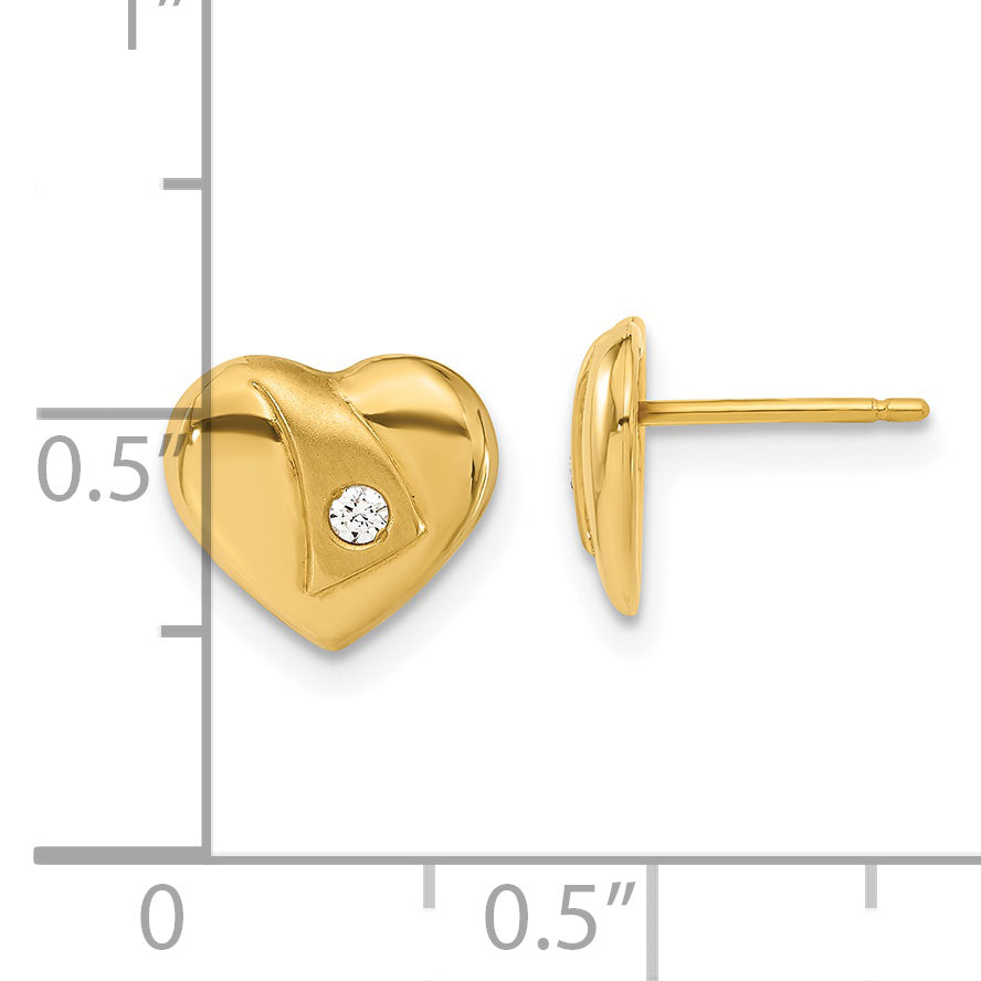 14K Yellow Gold 14Ky Polished & Satin Cz Heart Post Earrings
