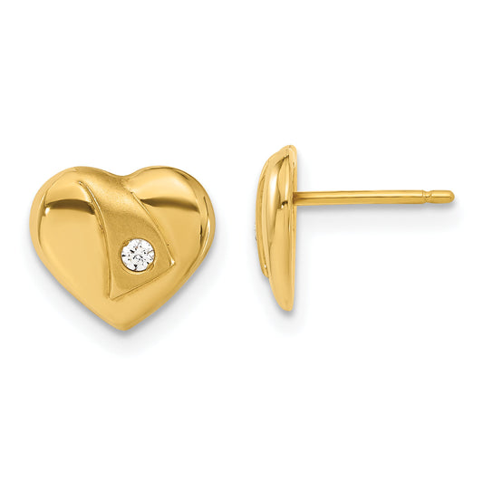 14K Yellow Gold 14Ky Polished & Satin Cz Heart Post Earrings