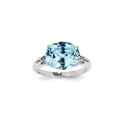 14k White Gold Real Diamond and Blue Topaz Oval Ring