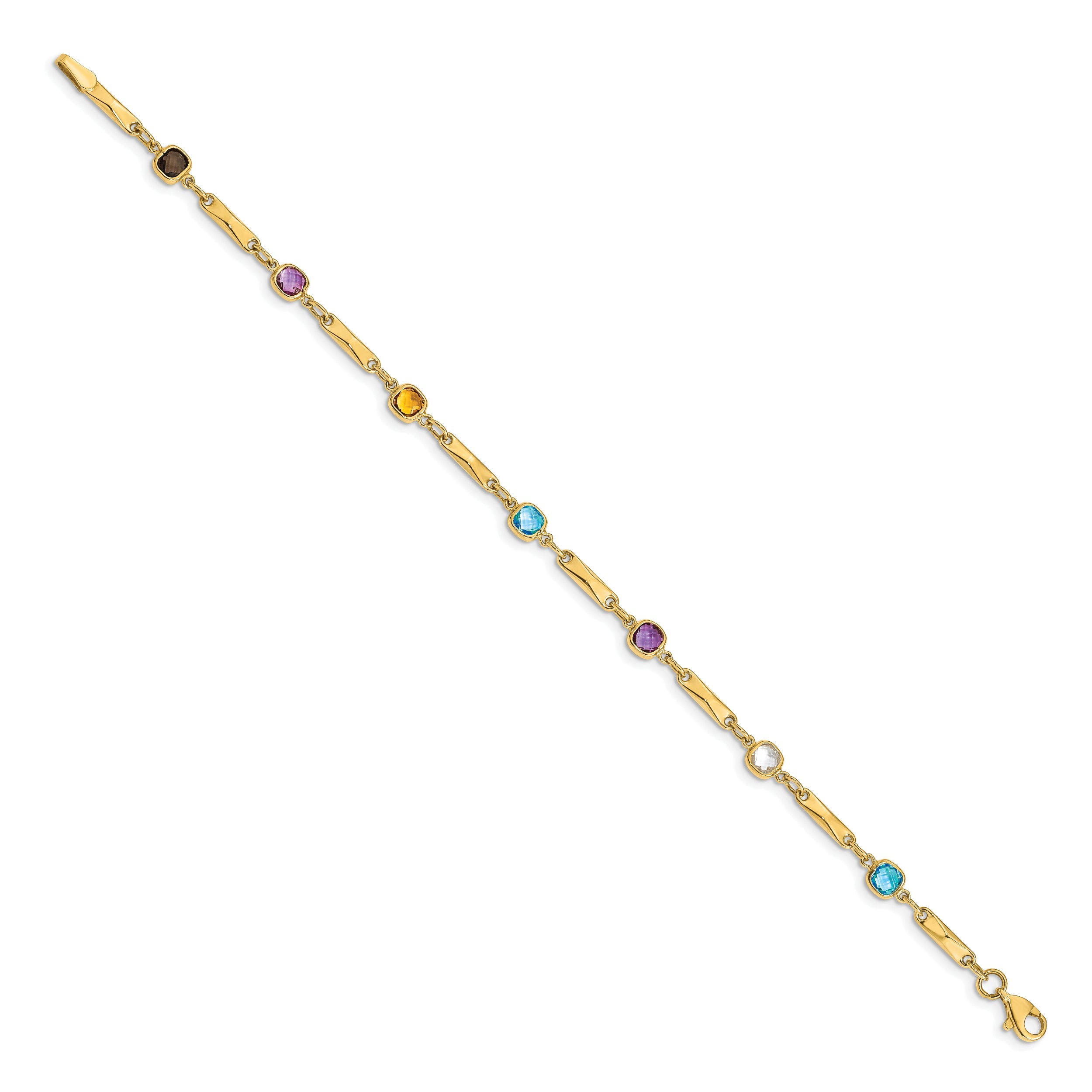 14K Yellow Gold Complete Cushion Cut Sky Blue Topaz/White Quartz/Smoky Quartz/Amethyst/Citrine Fancy Link 7 Inch Rainbow Bracelet
