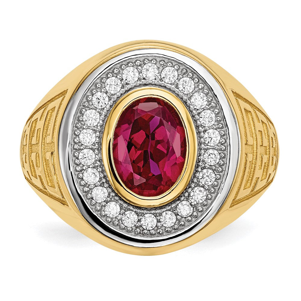 14K Yellow & Rhodium W/ Cz Oval Red Mens Ring