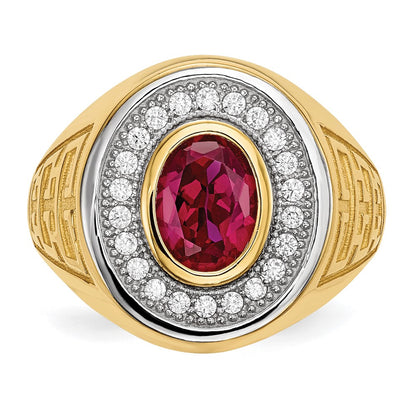 14K Yellow & Rhodium W/ Cz Oval Red Mens Ring