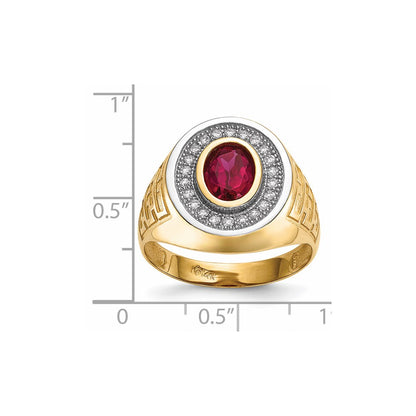 14K Yellow & Rhodium W/ Cz Oval Red Mens Ring