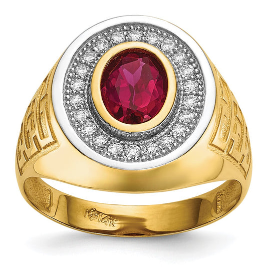 14K Yellow & Rhodium W/ Cz Oval Red Mens Ring