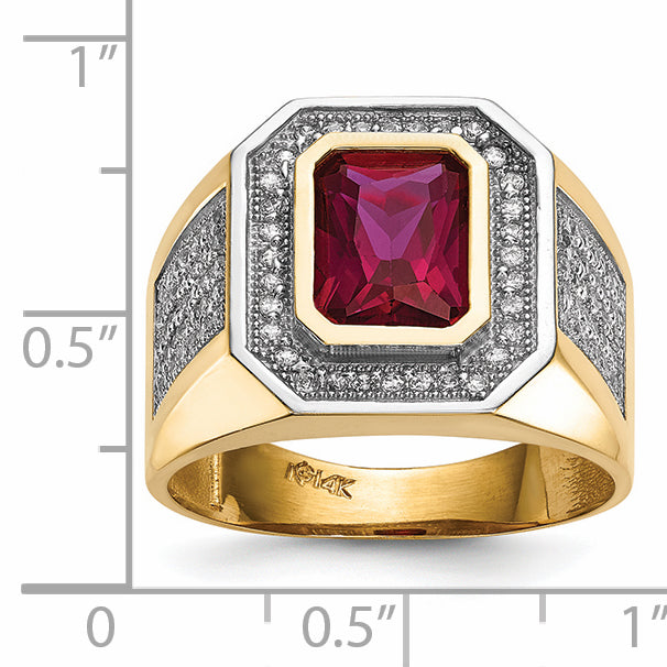 14K Yellow & Rhodium Cz Emerald Cut Red Mens Ring