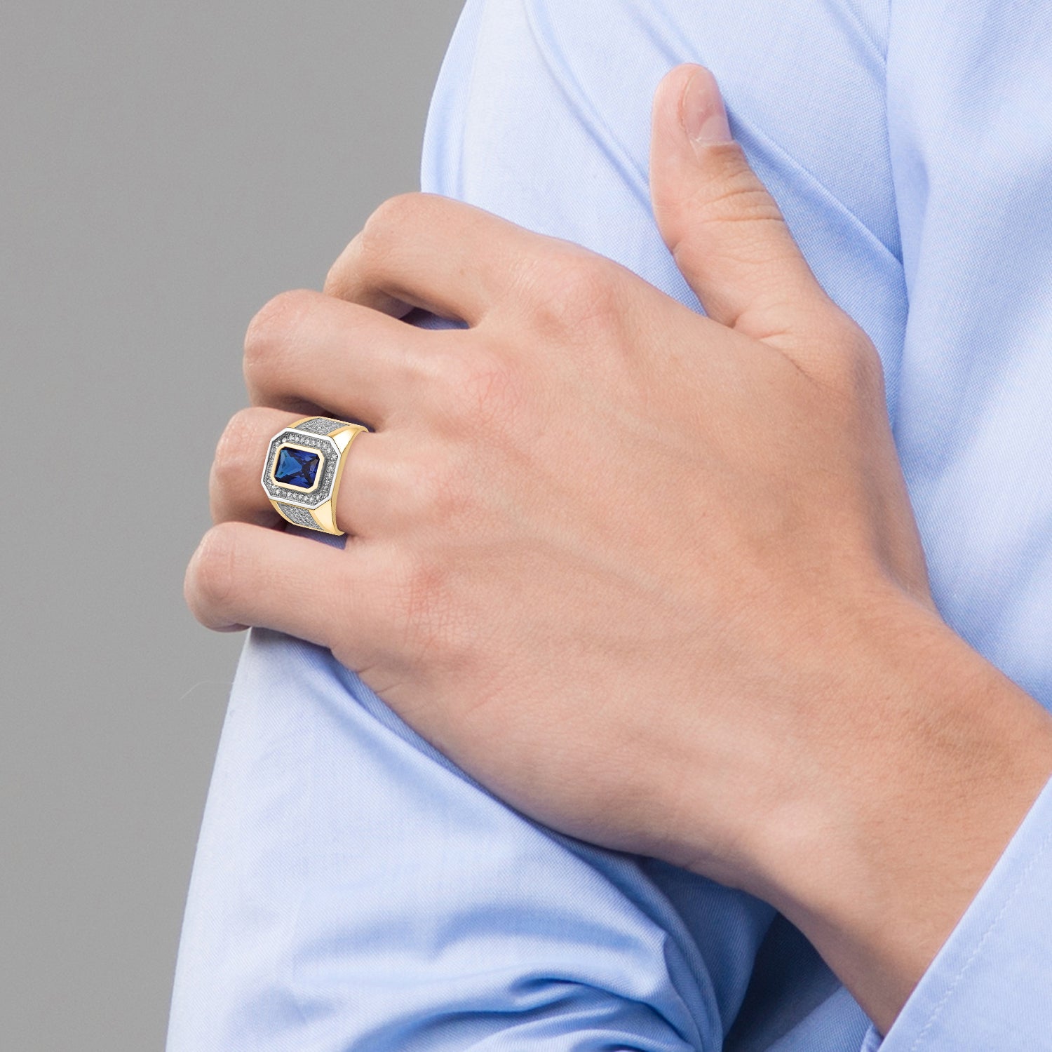 14K Yellow & Rhodium W/ Cz Emerald Cut Blue Mens Ring