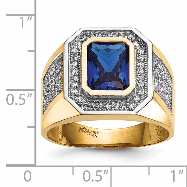 14K Yellow & Rhodium W/ Cz Emerald Cut Blue Mens Ring