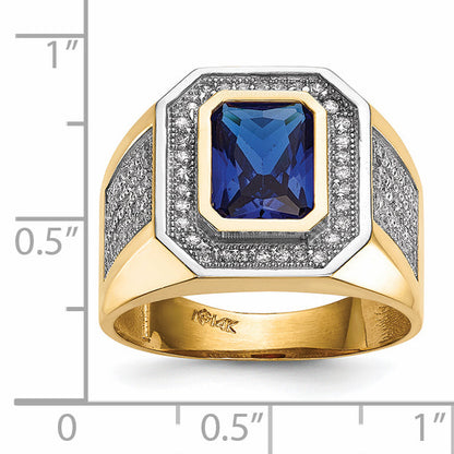 14K Yellow & Rhodium W/ Cz Emerald Cut Blue Mens Ring