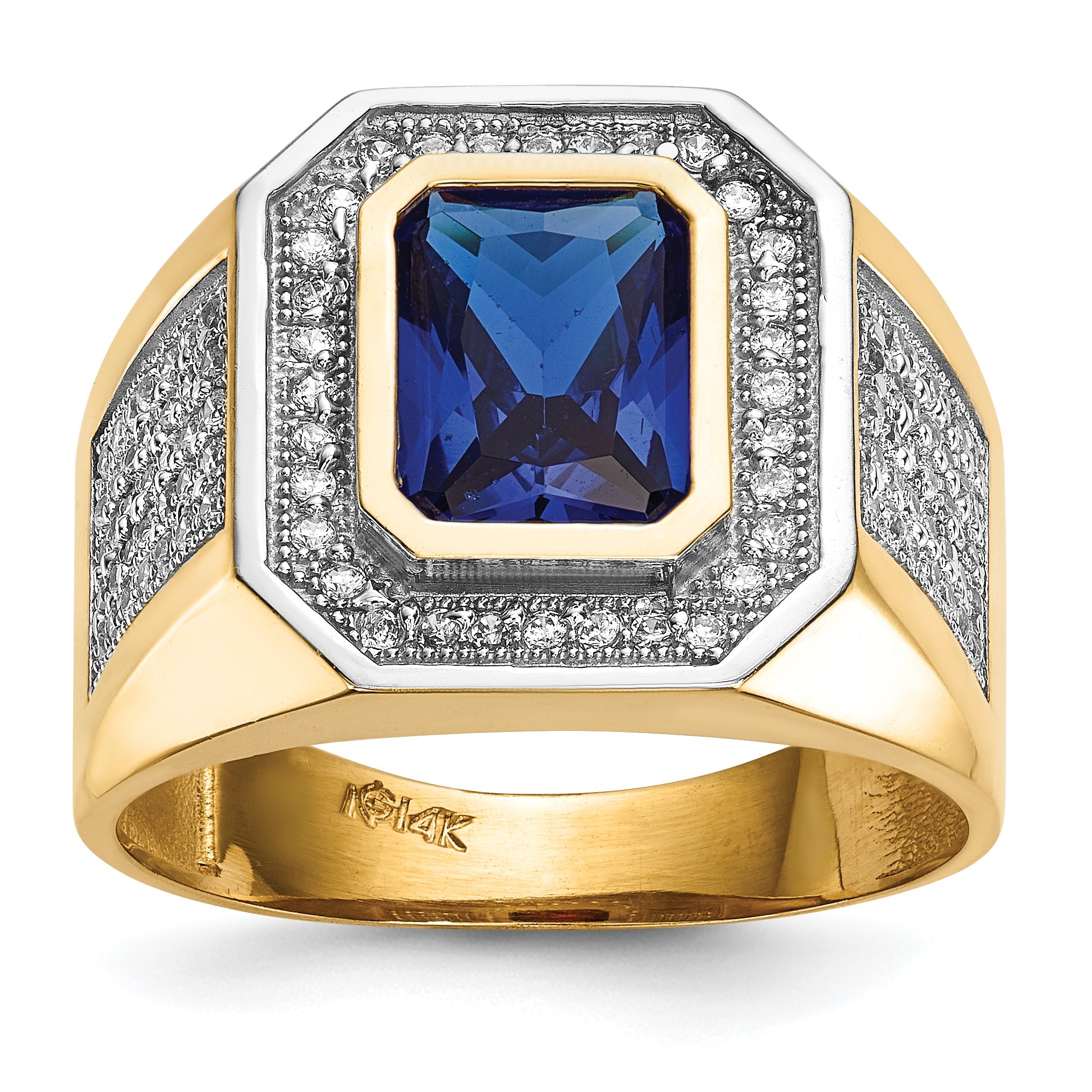 14K Yellow & Rhodium W/ Cz Emerald Cut Blue Mens Ring