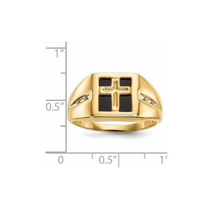 14K Gold w/ Onyx & Real Diamond Cross Christian Religious Men's Ring