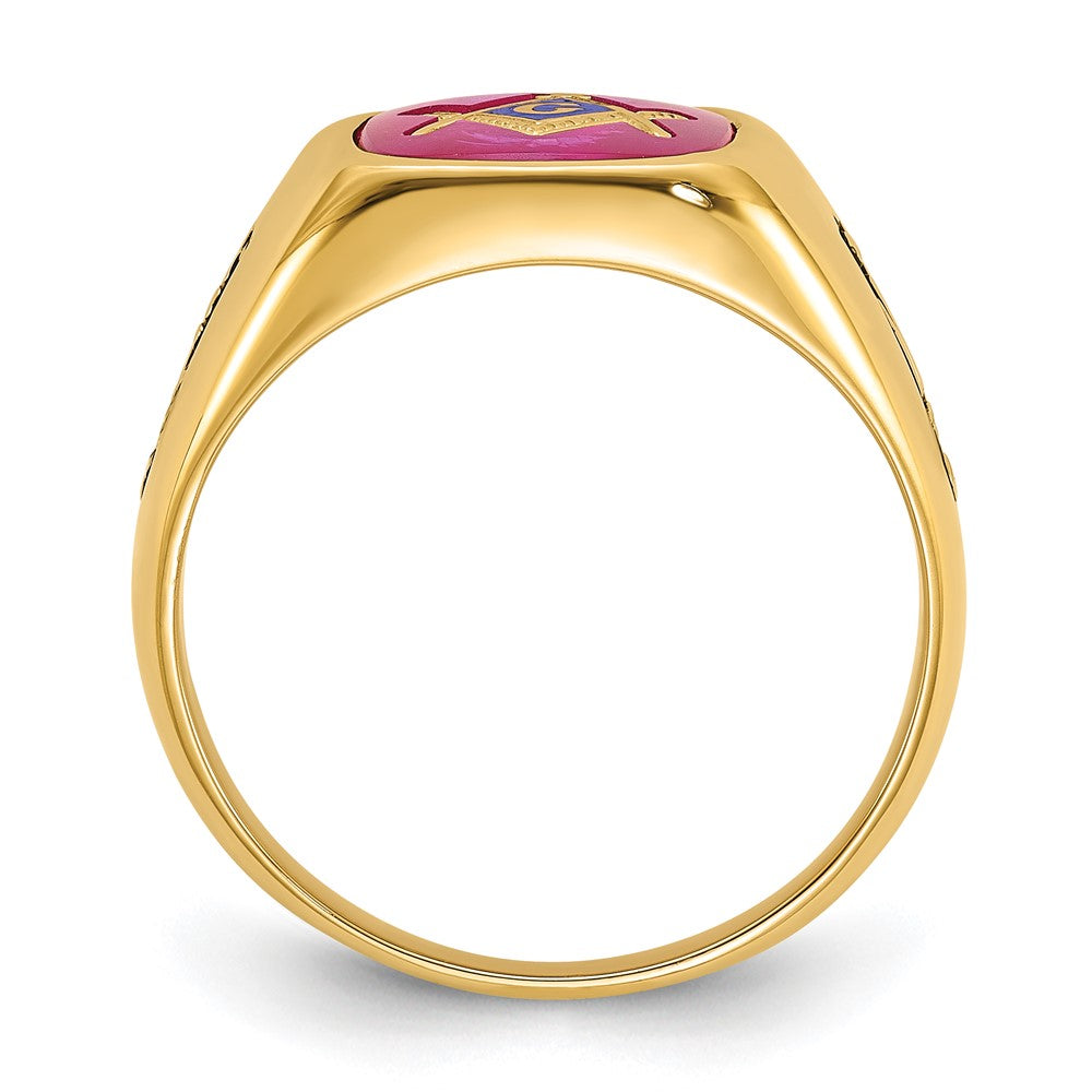 Solid 14k Yellow Gold Men's Synthetic Simulated Ruby Masonic Ring