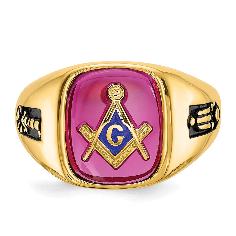 Solid 14k Yellow Gold Men's Synthetic Simulated Ruby Masonic Ring