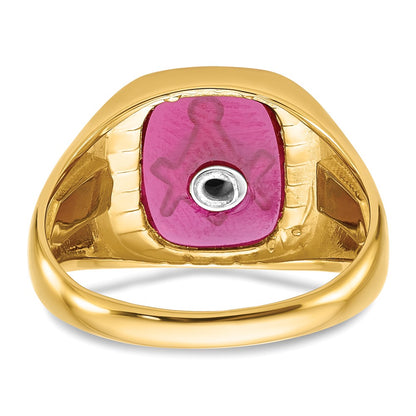 Solid 14k Yellow Gold Men's Synthetic Simulated Ruby Masonic Ring