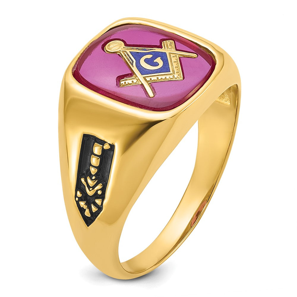 Solid 14k Yellow Gold Men's Synthetic Simulated Ruby Masonic Ring