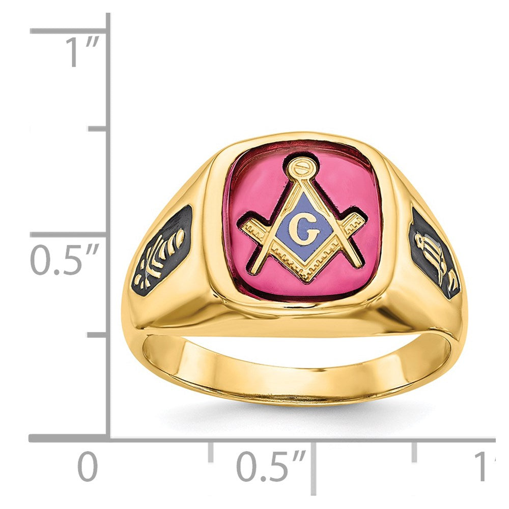 Solid 14k Yellow Gold Men's Synthetic Simulated Ruby Masonic Ring