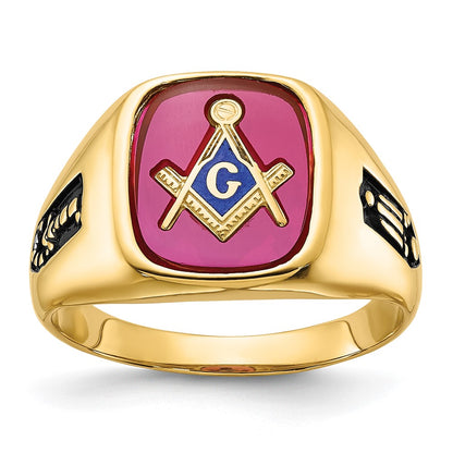 Solid 14k Yellow Gold Men's Synthetic Simulated Ruby Masonic Ring