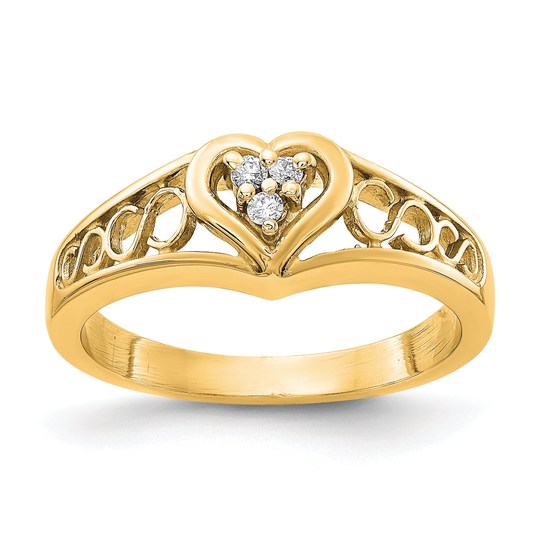 14K Yellow Gold Polished Aa Diamond Heart Ring