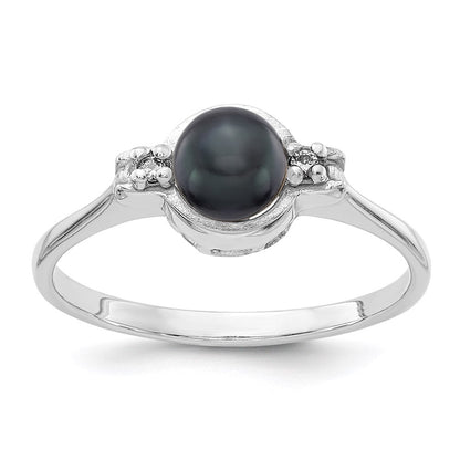 14k White Gold 5mm Black FW Cultured Pearl AAA Real Diamond ring
