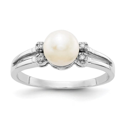 14k White Gold 6mm FW Cultured Pearl AAA Real Diamond ring