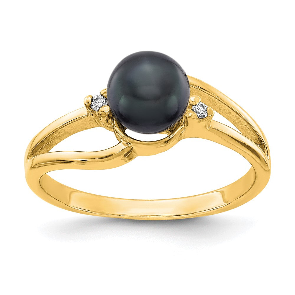 14K Yellow Gold 6mm Black FW Cultured Pearl VS Real Diamond ring