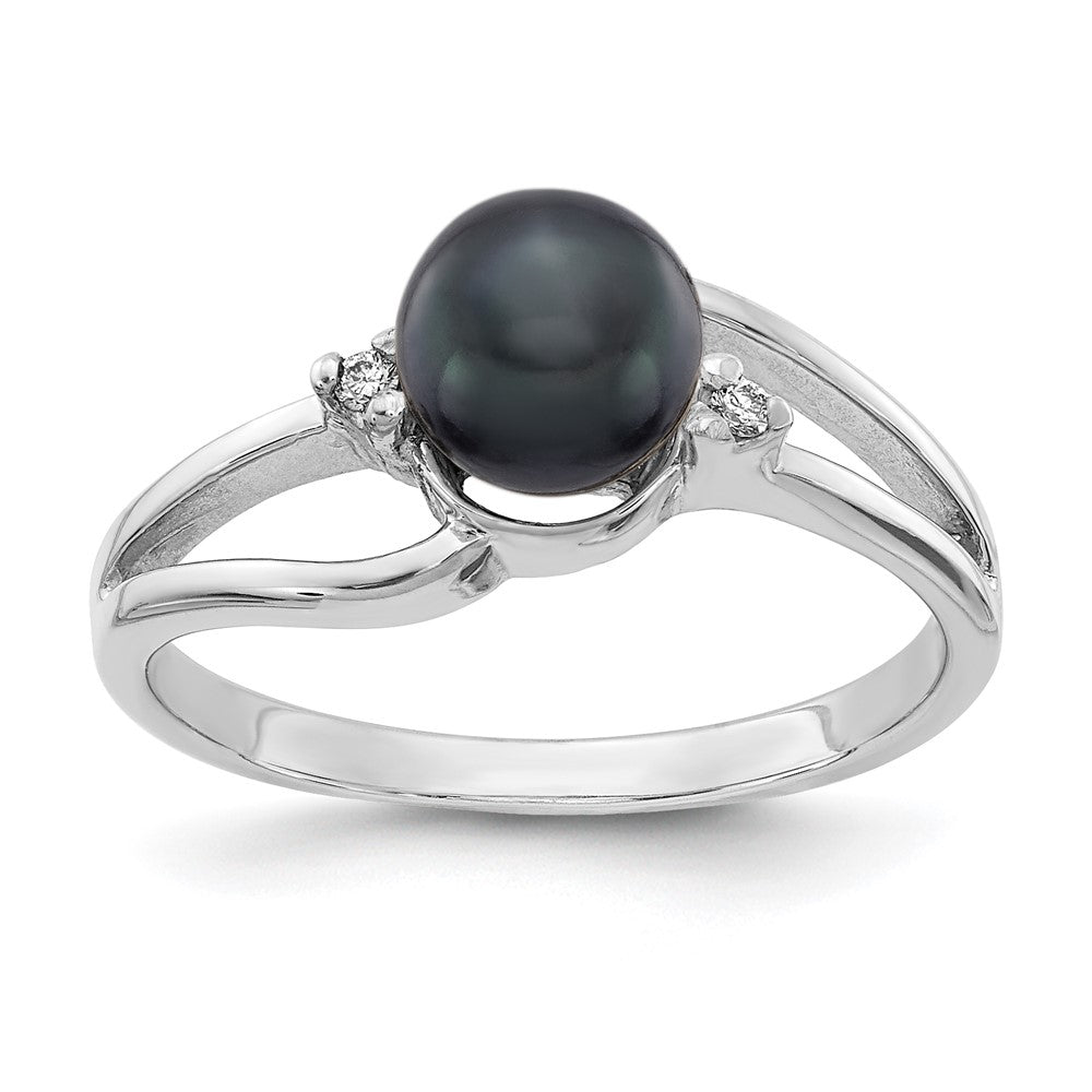 14k White Gold 6mm Black FW Cultured Pearl AA Real Diamond ring