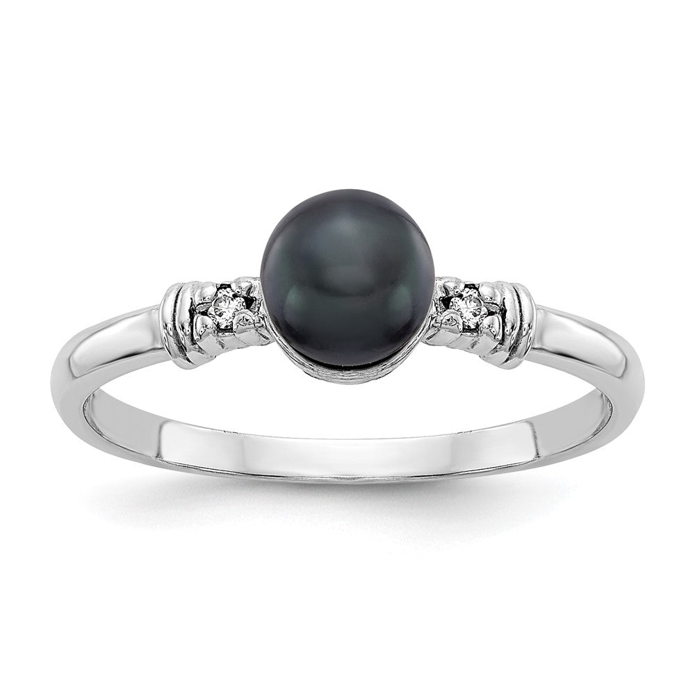 14k White Gold 5mm Black FW Cultured Pearl VS Real Diamond ring