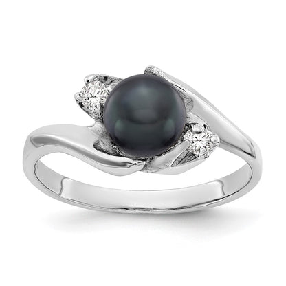14k White Gold 6mm Black FW Cultured Pearl VS Real Diamond ring